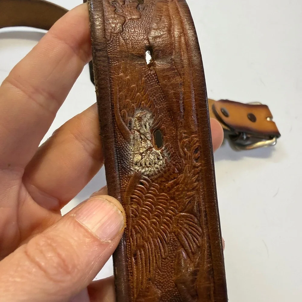 Vintage Tooled Leather Belt Brown Eagle Mountain Scene Western Americana Sz 44